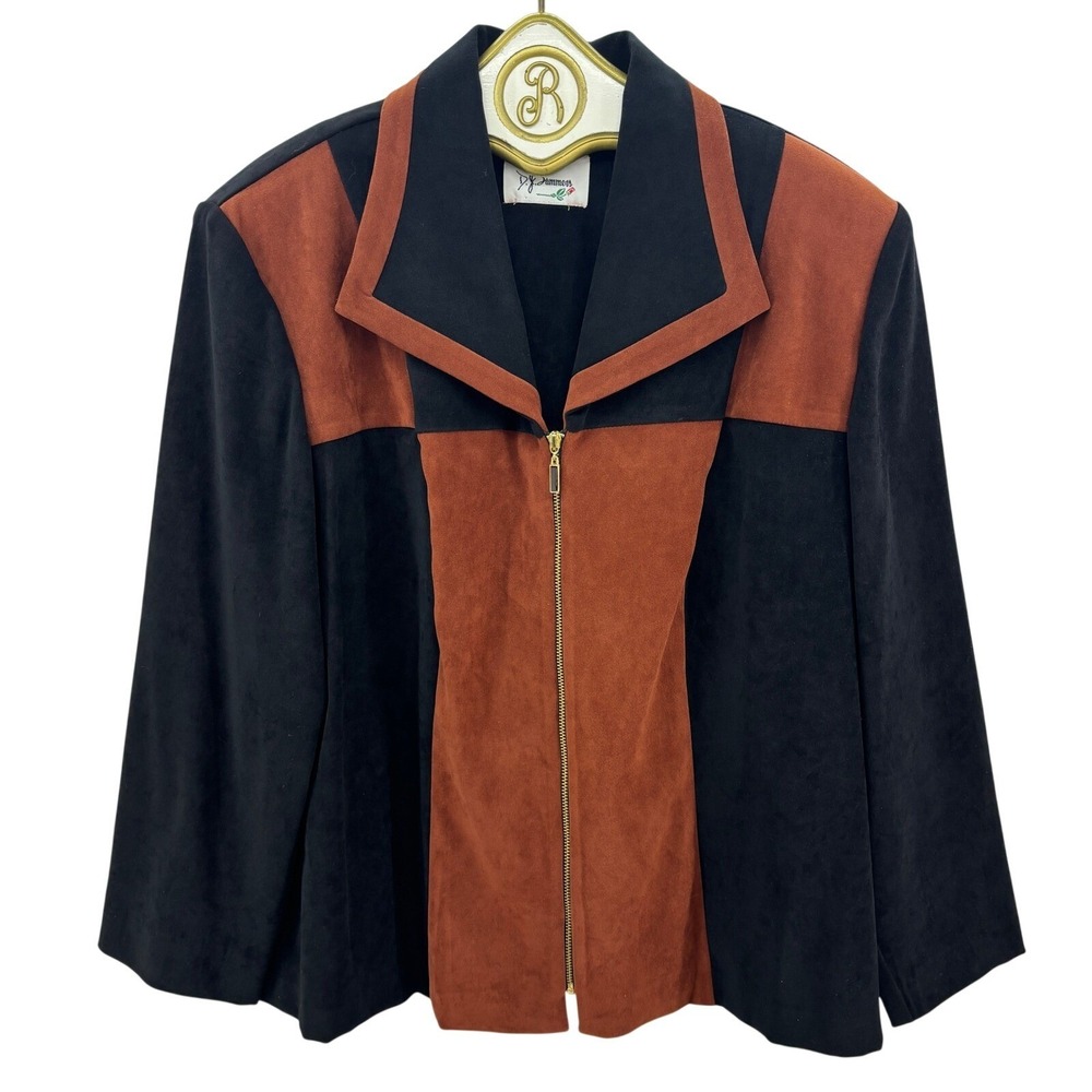 Vintage Color Block Suede Zip Front Blazer Jacket Indie Retro Women LARGE